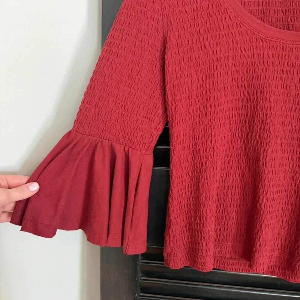 Anthropologie Rust Red Smocked Ruffle Bell Sleeve Top Size M Cotton Stretch
